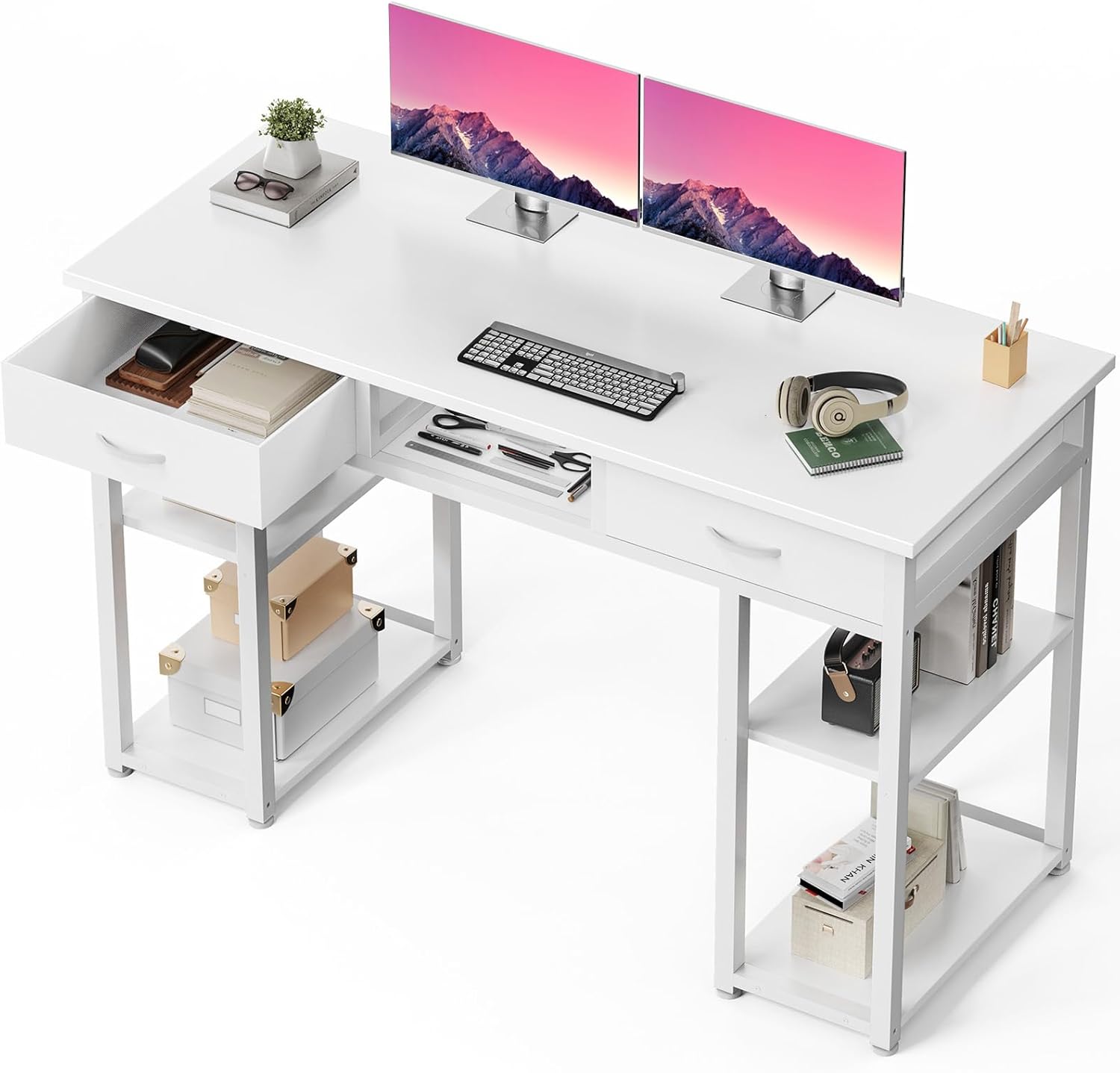 Gaming Desk With Hutch - 48-Inch Compact Computer Desk with Drawers