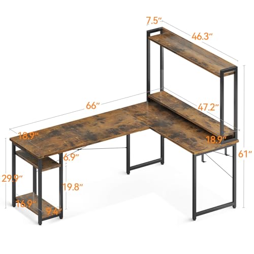 Gaming Desk With Hutch - Rustic Brown 66-Inch L-Shape Corner Workstation
