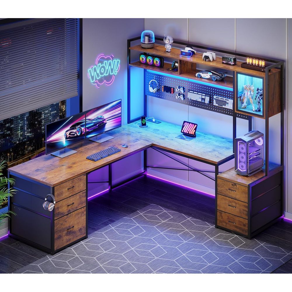 6 Drawer L-Shaped Gaming Desk  - Gaming Desk With Hutch review and price