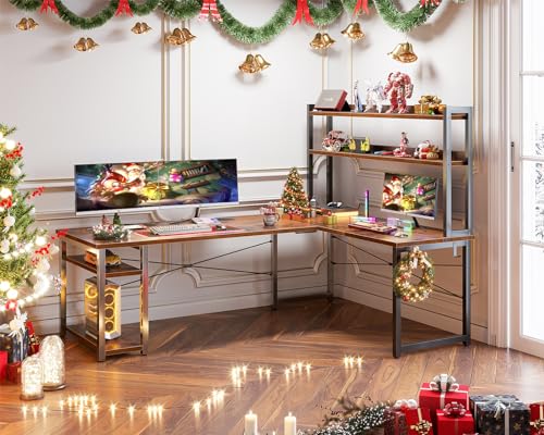 Rustic Brown 66-Inch L-Shape C - Gaming Desk With Hutch review and price