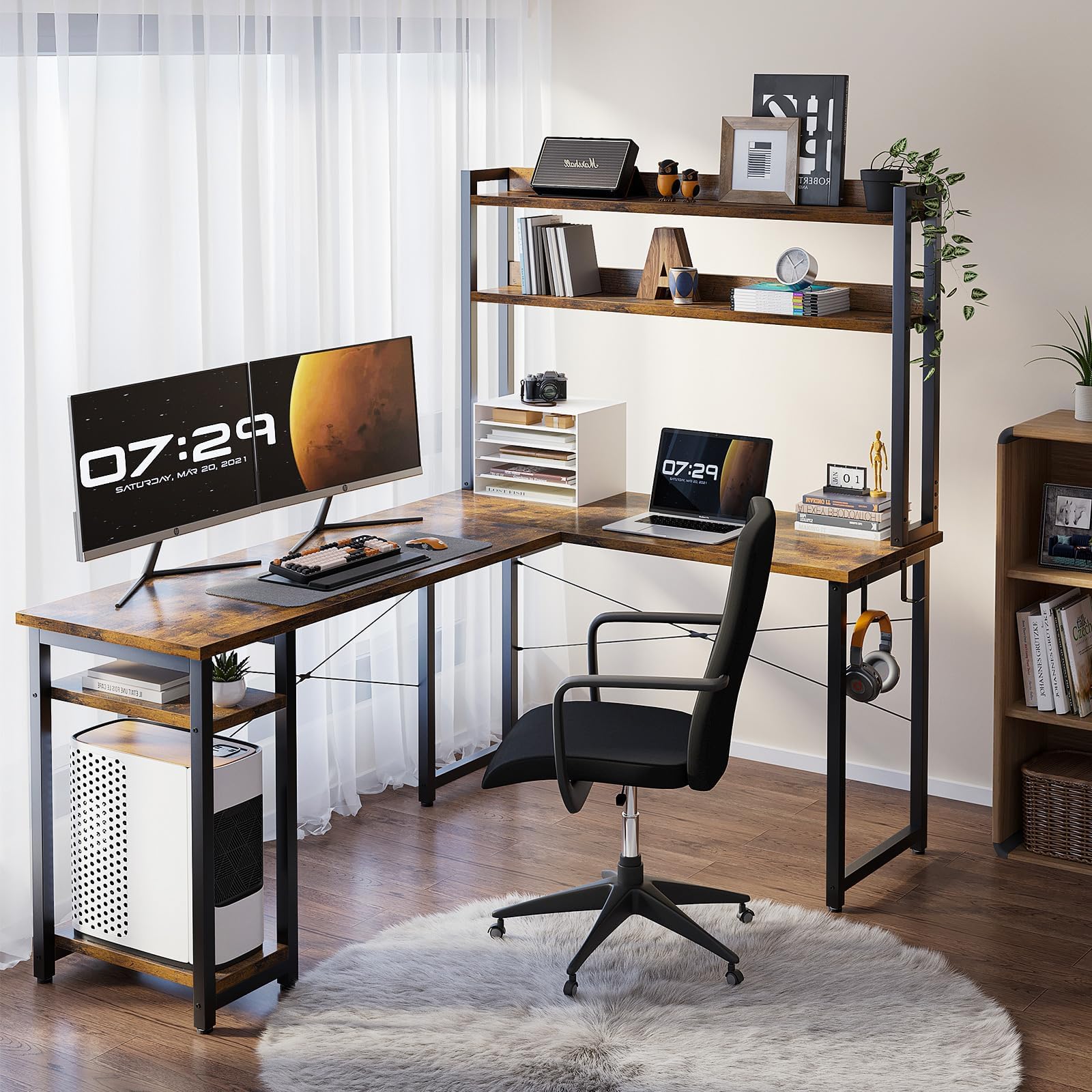 Rustic Brown 66-Inch L-Shape C - Gaming Desk With Hutch review and price